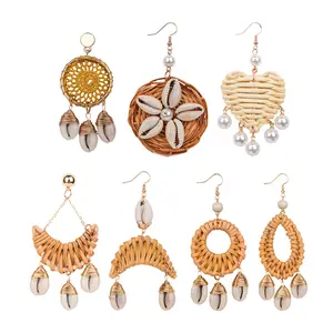 2021 Bohemian Style Designs Jewelry Shell Drop Bamboo Rattan Earrings For Women