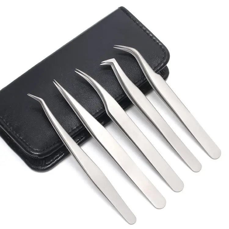 WELLFLYER Factory Supplying Stainless Steel Silver Color False Eyelashes Applicator Eyelash Extention Tweezers with PU Case