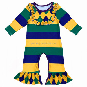 Holiday mardi gras baby girls Linnen long sleeve Onesie Animal kids romper - Product Image 1