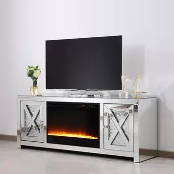 China supply sparkly crushed diamond silver 2 drawer mirrored television stand with electric led fireplace