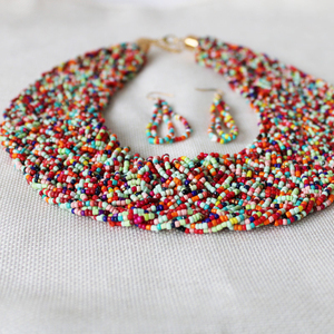 Set kalung Dan anting buatan tangan, Kalung kerah pelangi besar buatan tangan, perhiasan manik-manik biji Afrika gaya Bohemian untuk wanita - Product Image 4