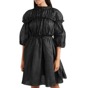 Nouveau Design Automne Mode Femmes Robe avec Manches Longues Plaine Teints Noir À Volants-Cou Gaine Motif Puffy Robe TDDR010D - Product Image 1