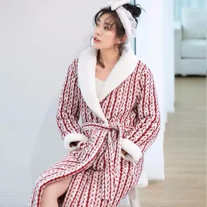 Robe d'hiver pour Femme, douce, chaude, épaisse, confortable, motif à carreaux, longue, flanelle, polaire, peignoir de bain