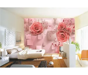 Pembe gül tasarım kağıdı duvar resimleri 3d çiçekli duvar kağıdı iç dekorasyon için