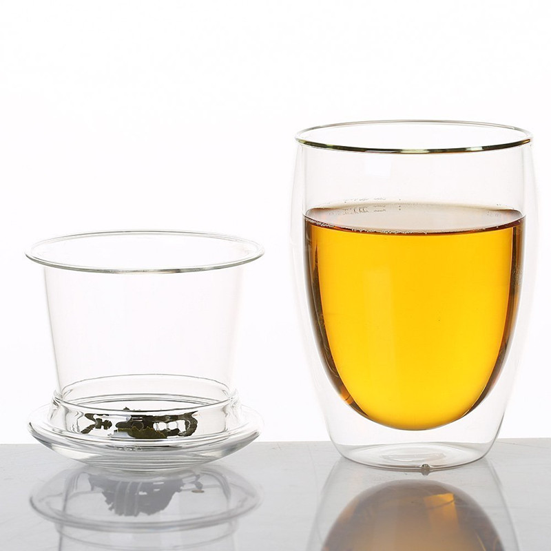 Novelty gifts fashion double wall glass tea strainer 350 ml coffee tumbler glass tee cups with lid and Infuser - Product Image 6