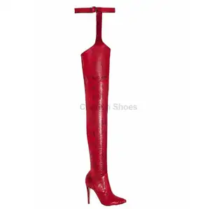 Sexy ladies red Python print stiletto heel thigh high boots wholesale Party Wear over knee pointed toe boots for women