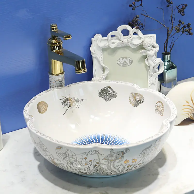 Jingdezhen — bol de lavabo en céramique porcelaine, art corporel, pierre blanche en forme de fleur, évier de salle de bain d'extérieur