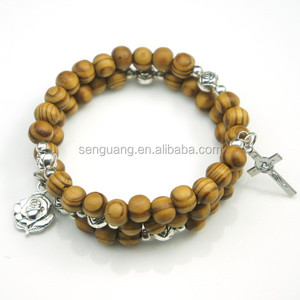 Catholique pin bois et alliage perles prière du rosaire wrap bracelet avec <span class=keywords><strong>rose</strong></span> médaille - Product Image 2