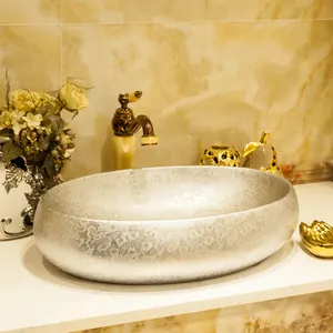 Trung Quốc Handmade Lavabo Chậu Rửa Phòng Tắm Bồn Rửa Bát Countertop Gốm Chậu Rửa Hình Bầu Dục Vàng Phòng Tắm Bồn Rửa