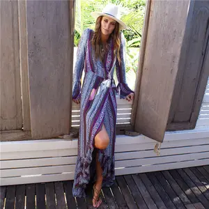 2019 Bohemian Printed Asymmetrical Front Open Summer Beach女性Dress Cotton Tunic Women Beachwear Sexy V-Neck Long Dress