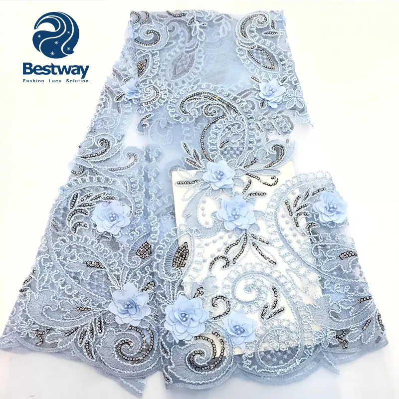 Bestway embroidery french fabric with sequins 3d flower beaded for wedding dress