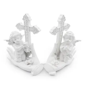 Luxury home office table top decoration cross rose flower hand palm resin angel