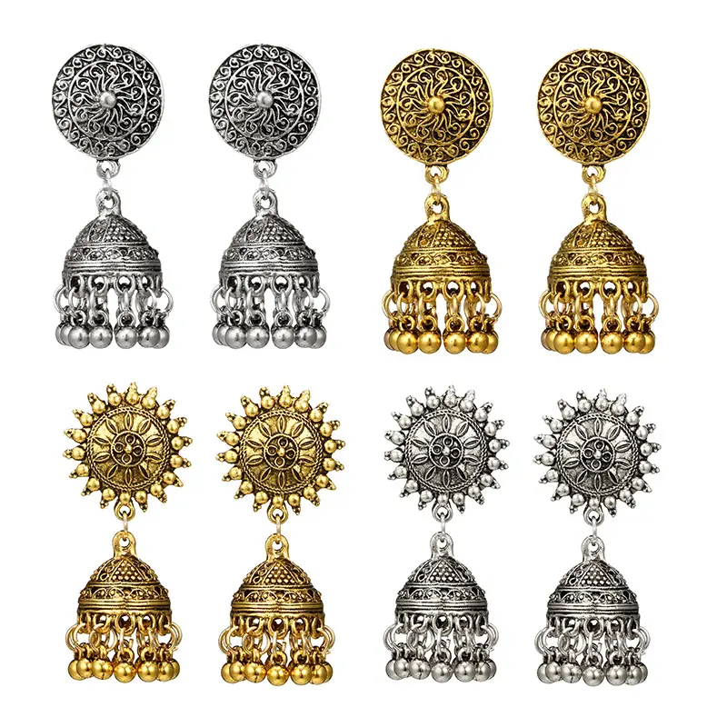 Jhumka — boucles d'oreilles dorées japonaises en finition antique, bijoux haut de gamme, arte traditionnel ethnique, décoration artistique
