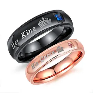 Sini Jewelry China factory price cheap King and Queen couple diamond engagement stainless steel black/rose gold ring