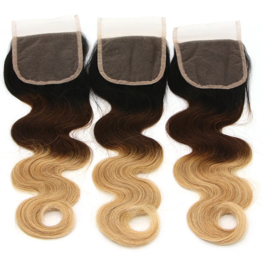 4x4 ombre color 1b/4/27 body wave two tone cheap brazilian human hair high digital thin hd transparent swiss lace front closure