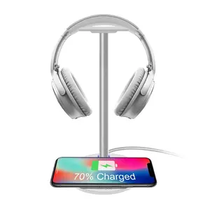 Notre propre brevets 2-en-1 casque stand avec QI rapide sans fil de charge pad pour téléphone intelligent