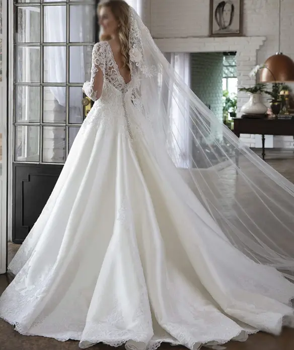 Robe de mariée blanche de luxe, ligne A, manches longues, robe de mariée princesse, robe de bal