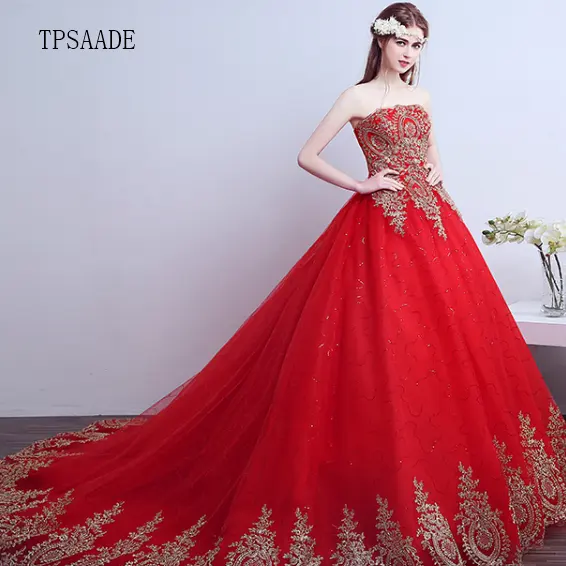 Chinese Red Tulle Appliques Beaded Sequin Strapless Wedding Dress with Long Train Golden Lace Bridal Gown 2020 Vestido de novia