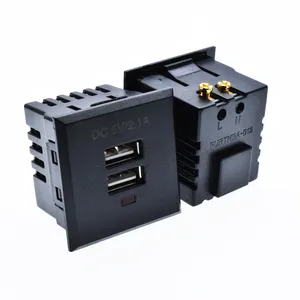 Enchufe de pared de CA Enchufe eléctrico de carga USB 2 puertos USB con indicador Luz roja Toma de corriente de tierra múltiple 5V2.1A Negro Oem 5V