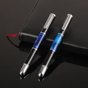 चीन कलम निर्माता भारी नीले एक्रिलिक बैरल धातु रोलर फाउंटेन संगमरमर उत्कीर्ण कलम