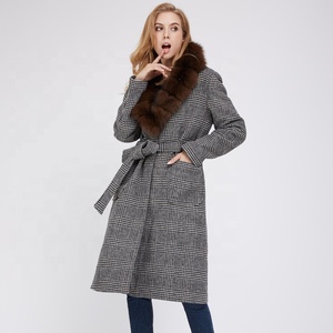 Estilos populares damas en <span class=keywords><strong>lana</strong></span> y <span class=keywords><strong>cachemir</strong></span> a cuadros abrigo con cuello <span class=keywords><strong>de</strong></span> piel <span class=keywords><strong>de</strong></span> zorro - Product Image 3