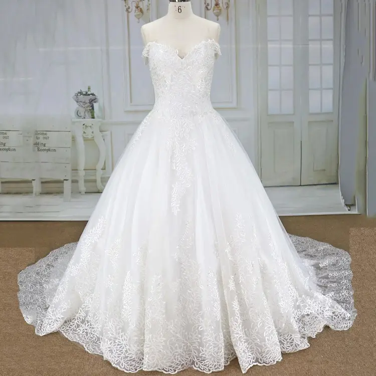 2019 kapalı omuz dantel tül etek düğün elbisesi