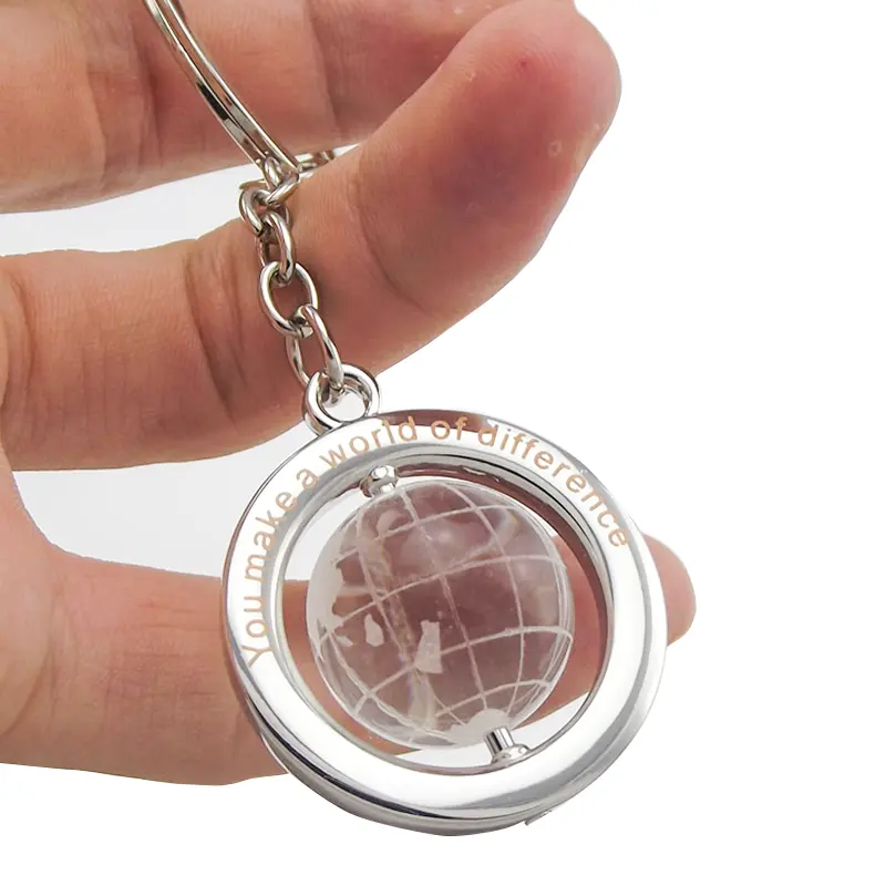 Promotie Gepersonaliseerde 3D Kristal Acryl Bal Sleutelhanger Draaiende Metalen World Map Globe Sleutelhanger