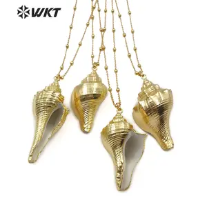 WT-JN071 Liontin Kerang Laut Alami untuk Wanita Mode Membuat Perhiasan Gaya Boho Penuh Emas Celup Cangkang Terompet Kalung