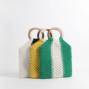 Sac à main personnalisé pour femmes, sacoche ronde en bois coloré, en corde de coton rayée, crochet, tissage à main ajouré, en paille, pour la plage