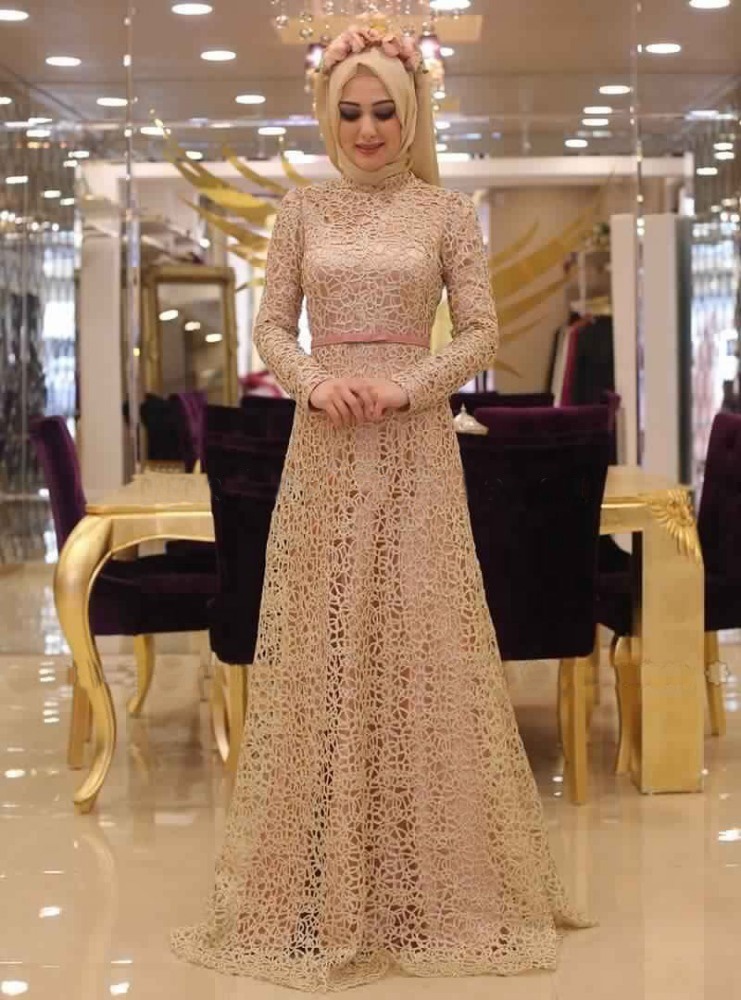 chinese dress ladies Muslim High Neck Beaded Lace Chiffon Sleeved Wedding Dress main image 0
