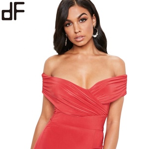 OEM-vestido de noche personalizado de alta gama para mujer, Vestido largo de fiesta, modesto, extremo, Sexy, Popular, rojo, con hombros descubiertos, para dama de honor - Product Image 5