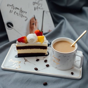 Brunch <strong>Set</strong> <strong>White</strong> Marble Gold Line Porcelain <strong>Tea</strong> Coffee Cup with Biscuit Holder - Product Image 1