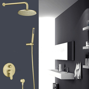 10 Zoll Badezimmer Luxus Regen mischer Combo Set Wand montage Regen Dusch kopf <span class=keywords><strong>System</strong></span> Gebürstetes <span class=keywords><strong>Gold</strong></span>