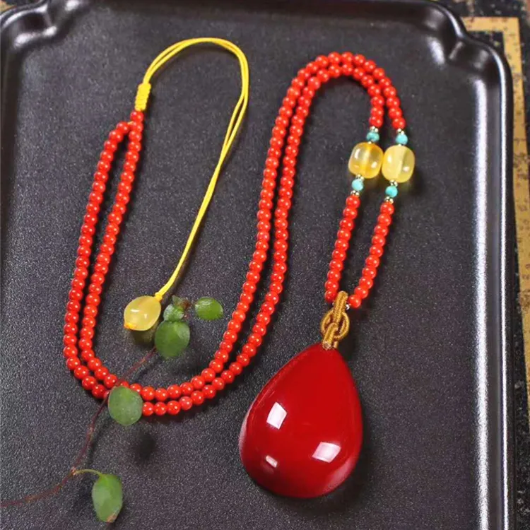 Kalung Liontin Karang Merah Alami dengan Kalung Manik-manik Karang/Amber/Jade untuk Wanita Kalung Awan Batu Permata Perhiasan