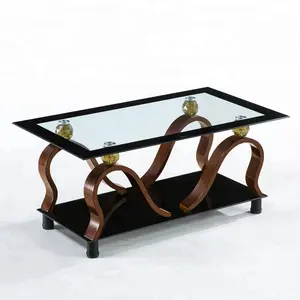 Table Basse En Verre trempé avec Vague Jambes En Bois Meubles De Salon