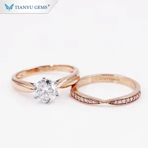 Tianyu gems Customized Au750 18k rose Gold Engagement Ring 6.5mm round heart&arrow Moissanite Diamond Wedding Ring set for lady