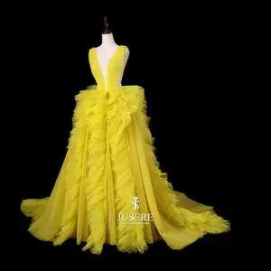 Gaun Prom Ukuran Besar Gaun Malam Ruffles Berlipat Punggung V Rendah Gaun Malam Karpet Merah Couture