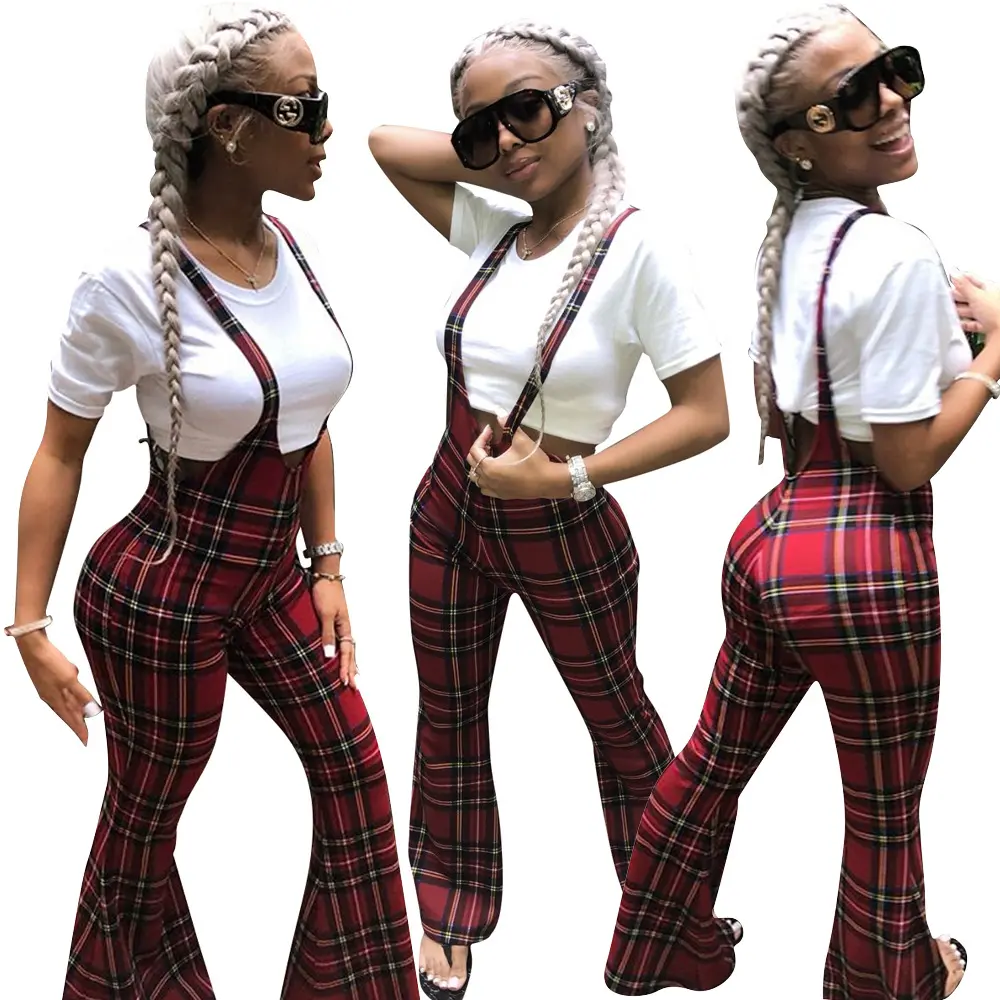 Plaid overall frauen elegante einteiligen gurt overalls mit breite bein hosen