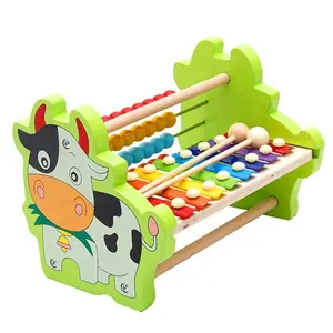 Instrumen Musik Sapi Lucu Pelangi 3 In 1, Mainan Kayu Tangan Xylophone