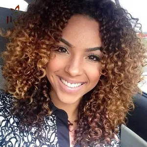 Barato 130% densidade Curto ombre marrom loira afro curly lace front peruca de cabelo humano para as mulheres negras