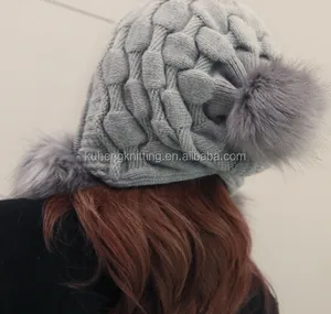 Las mujeres del invierno de pieles grande pompón gorro de punto para niñas con decoración malla de ganchillo