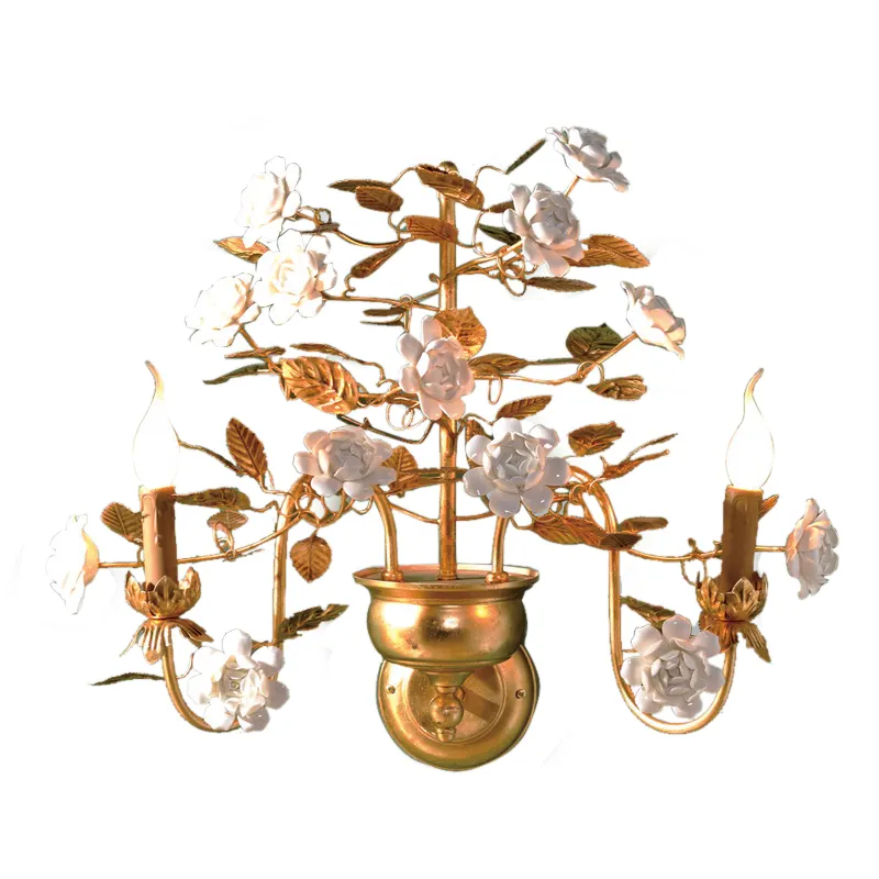 Guzheng-lámpara para decoración de boda, apliques de pared con flores de latón y cerámica, candelabro de pared con 2 cabezales