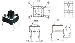 Momentary 6x6x7mm 250gf thiết lập lại vòng xúc giác chuyển đổi với 4 pins Dip nút 180gf - Product Image 6