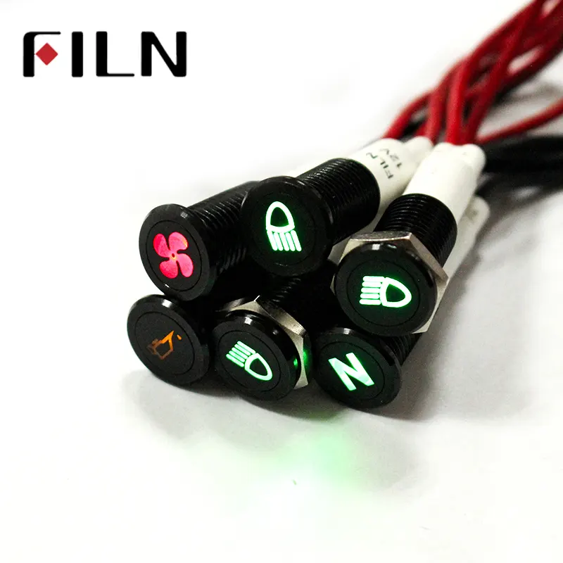 FILN Lampu Simbol Tahan Air 10Mm, Lampu Pilot Instrumen Lampu Sinyal Dasbor Peringatan LED Kapal Mobil LED 12V