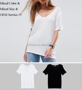 Alta calidad suave 100% algodón color multi split hem granel profunda V cuello vestido blanco camiseta mujeres - Product Image 2