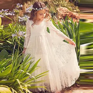 V Neck Ivory Bohemian Lace Children Flower Girl Dress