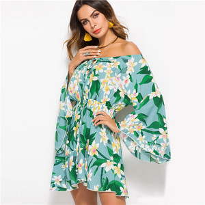 <span class=keywords><strong>Logo</strong></span> personnalisé 2019 D'été Off Épaule Longue Cloche Manches Floral Court Skater Robe Femmes - Product Image 2