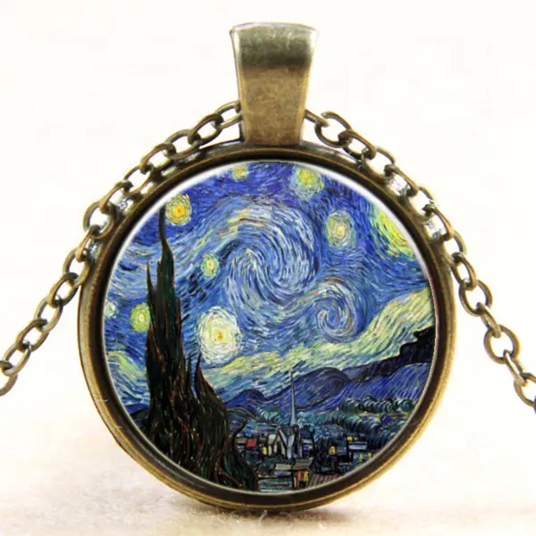 Van Gogh Kalung Lukisan Seni Bintang Malam Ajaib Hutan, Perhiasan Cabochon Kaca Foto