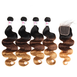 Tres tonos de la onda del cuerpo Ombre brasileño del pelo humano 4 Bundles tejer mojado y ondulado con cierre - Product Image 2