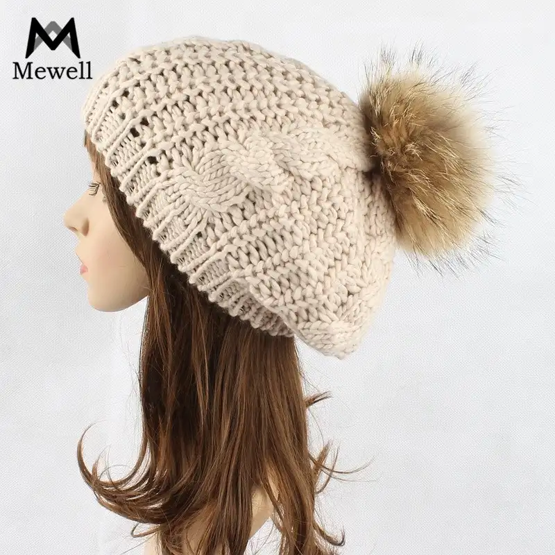 Nuevo color sólido invierno giro boina mujer elegante tapa de punto real de piel de mapache sombreros
